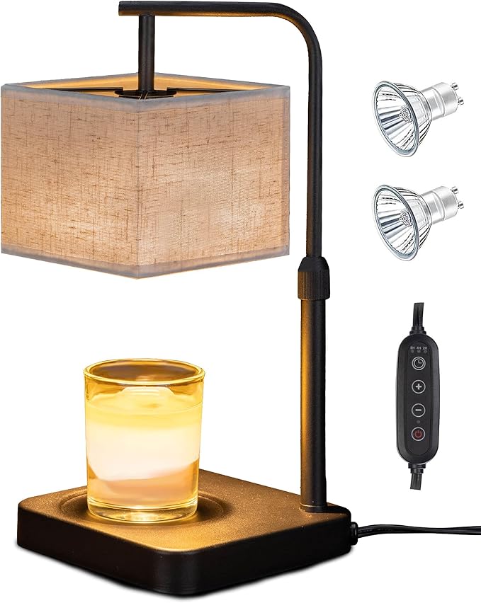 MOAFINA Candle Warmer Lamp with Timer & Dimmable, Height Adjustable Wax Warmer with Linen Shade & 2 Extra Bulbs, Flameless Candle Melter for Jar Candles, Gifts & Bedroom Decor