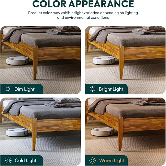 Bme Dinkee Wooden Queen Bed Frame, 15 Inch Height, Elegant Minimalist Modern Design with Japanese Joinery, Durable Wood Slats for Reliable Support, No Box Spring Required, Caramel