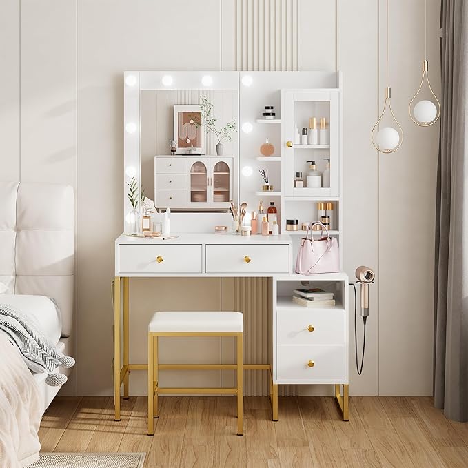 YIKEHOME Makeup Vanity Desk with Mirror and 10 Lights, 3-Colour Hollywood Brighter Bulbs, Vanity Table Set with Large Drawers and and Charging Station for Bedroom Dressing Room White