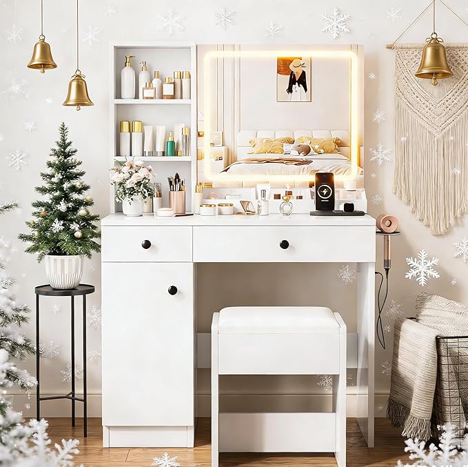 YIKEHOME Small Makeup Vanity Desk Set with Mirror, 39'' Vanity Table 3-Colour Lights with 5 Drawers & Shelves for Bedroom Dressing Room Brown