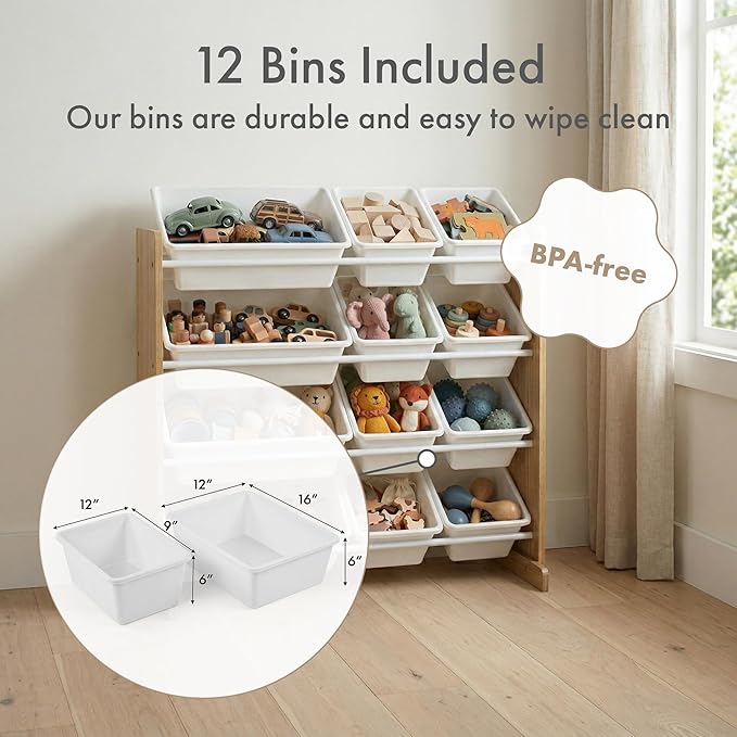 Humble Crew Kids Toy Storage Organizer with 12 Plastic Bins, Natural Wood/White – Removable Bins for Playroom, Bedroom, Toddler Furniture for Boys and Girls Ages
