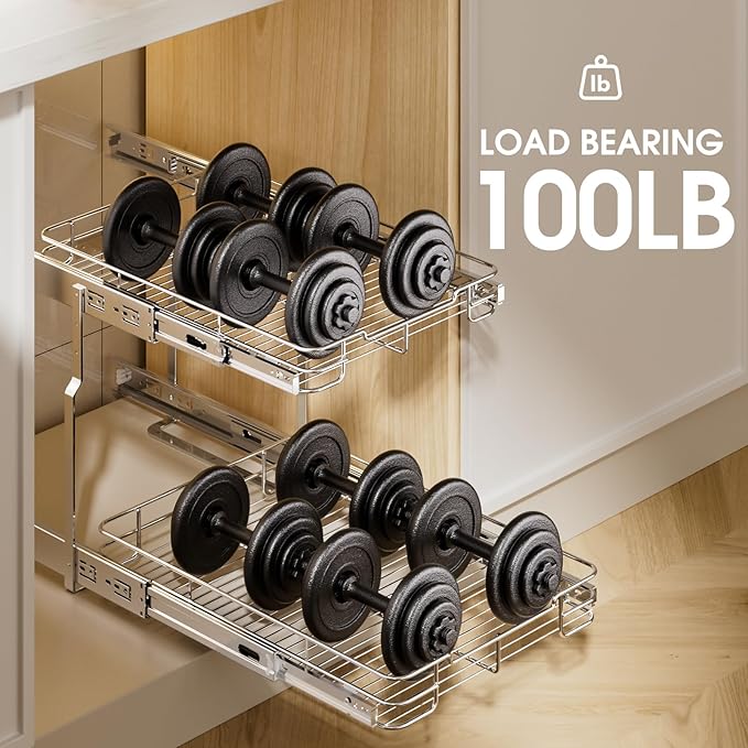 Delamu 14" W X 21" D Pull Out Cabinet Organizer, 2 Tier Heavy Duty Cabinet Shelf Organizers, Cabinet Slide Out Shelves for Kitchen, Pantry and Bathroom, Silver