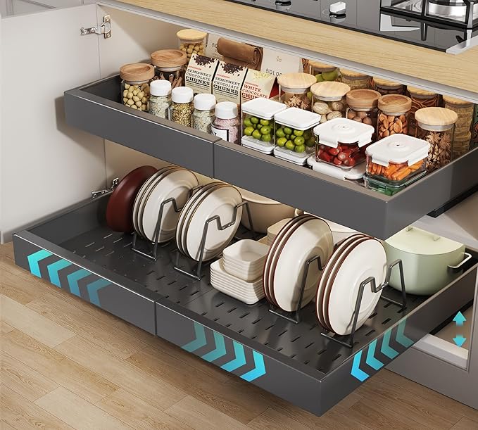 Seinloes 2 Pack Pull out Cabinet Organizer 21" Deep With Raising Pad for Framed Cabinets,Expandable (15.2"-26.3"W) Slide out Drawers for Kitchen Cabinets with 4pcs Divider Racks,Roll out Shelves,Black