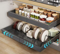 Seinloes 2 Pack Pull out Cabinet Organizer 21" Deep With Raising Pad for Framed Cabinets,Expandable (15.2"-26.3"W) Slide out Drawers for Kitchen Cabinets with 4pcs Divider Racks,Roll out Shelves,Black