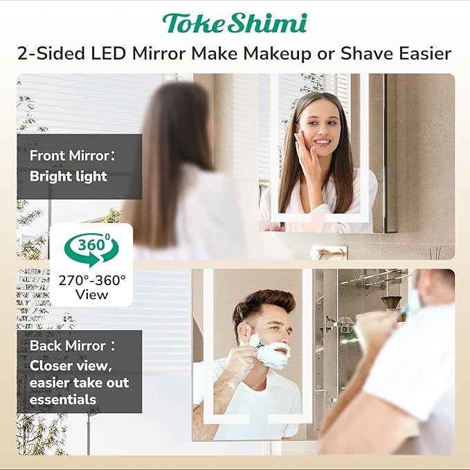 TokeShimi 36x32 Led Recessed Medicine Cabinet with Defogger, Anti-Fog Mirrored Medicine Cabinet with Light and Outlet, Frontlit 3 Colors Dimmable Mirror with Storage for Bathroom Modern