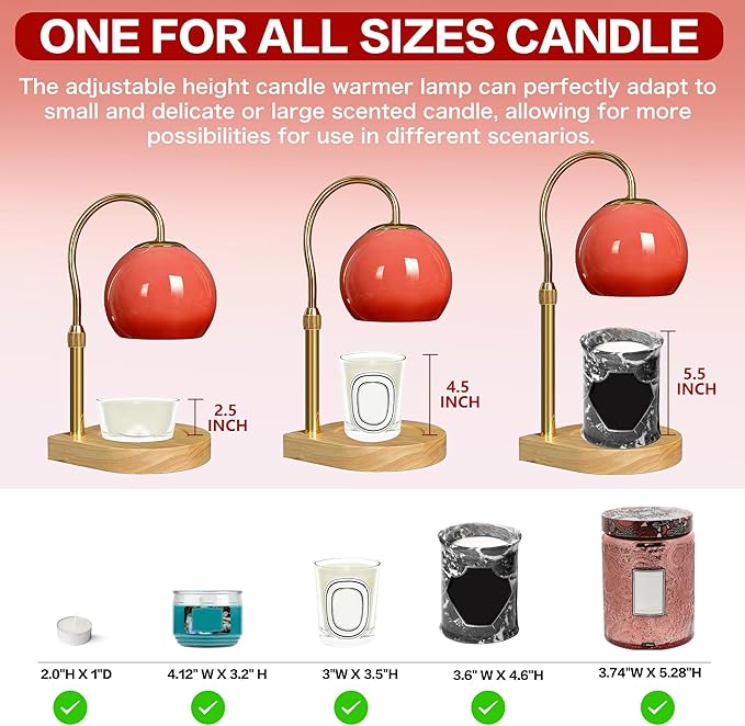 Candle Warmer Lamp with Timer 2H/4H/8H, Adjustable Height Dimmable Candle Lamp with 2 Bulbs, Wax Melt Warmer for Jar Candles, House Warming, Home Decor, Christmas Gifts for Women, Mom(Red)