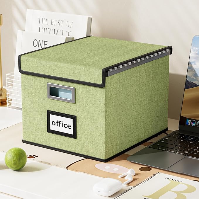 Huolewa File Organizer Box with Lid, Collapsible File Folder Organizer for Office Document Storage, Filing Box with Plastic Slide for Letter Size Hanging File Folders(1 Pack, Green)