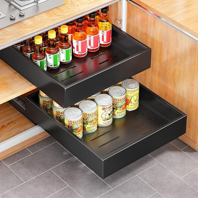 Pull out Cabinet Organizer, 21"Deep, Heavy Duty Full-Extension Slide out Drawers for Kitchen Cabinets with Nano Adhesive, Roll Out Shelf Sliding Cabinet for Pots, Bathroom, Pantry, Under Sink, Black