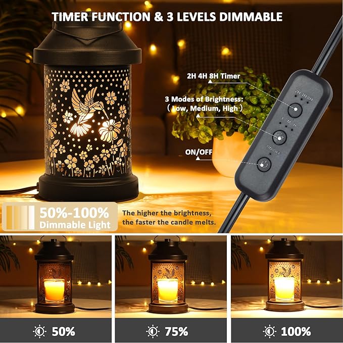 Dialan's Candle Warmer Lamp with Timer - Electric Candle Wax Melt Warmer with Dimmer for Scented Wax Jar Candles Home Decor Bedside Candle Lamp Birthday Gifts for Women Mom Hummingbird Lantern