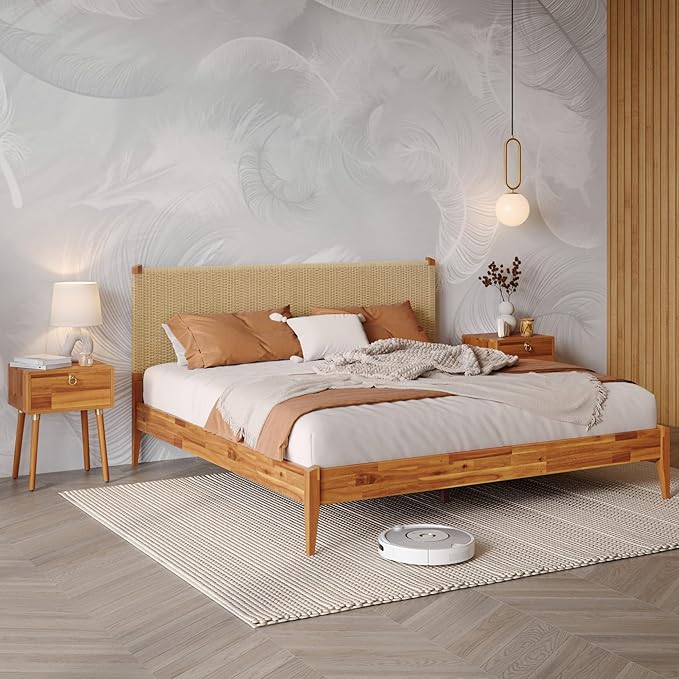 Bme Selina King Size Bed Frame, Handwoven Paper Cord Headboard, US Patent Pending Design, Mid-Century Modern, Solid Acacia Wood, No Box Spring Needed, Supports up to 800 lbs, Easy Assembly, Caramel