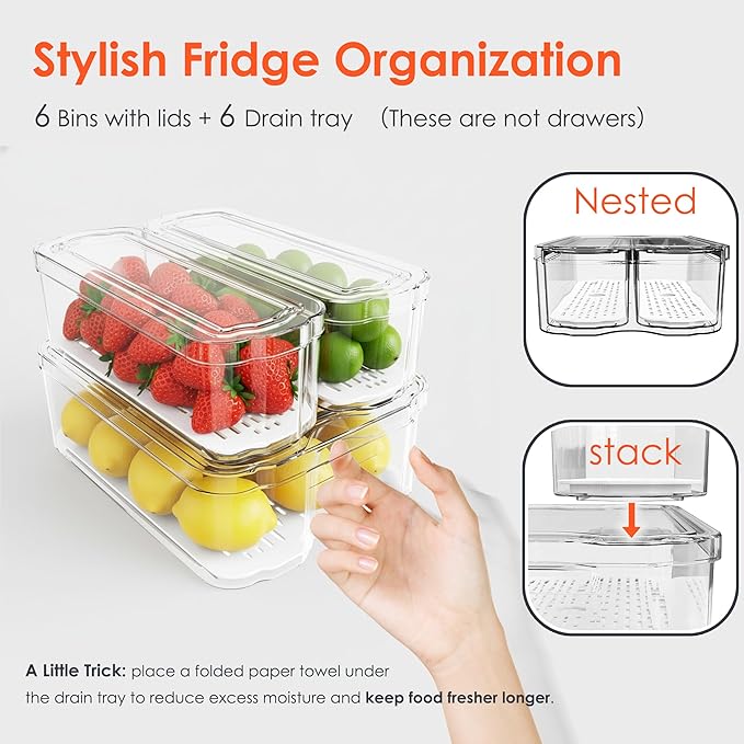 SMRCAD Fridge Organizers and Storage, 6 Pack Clear Freezer Organizer Bins with Lids for Kitchen, Pantry, Refrigerator, Food, Fruit, Vegetable Storage