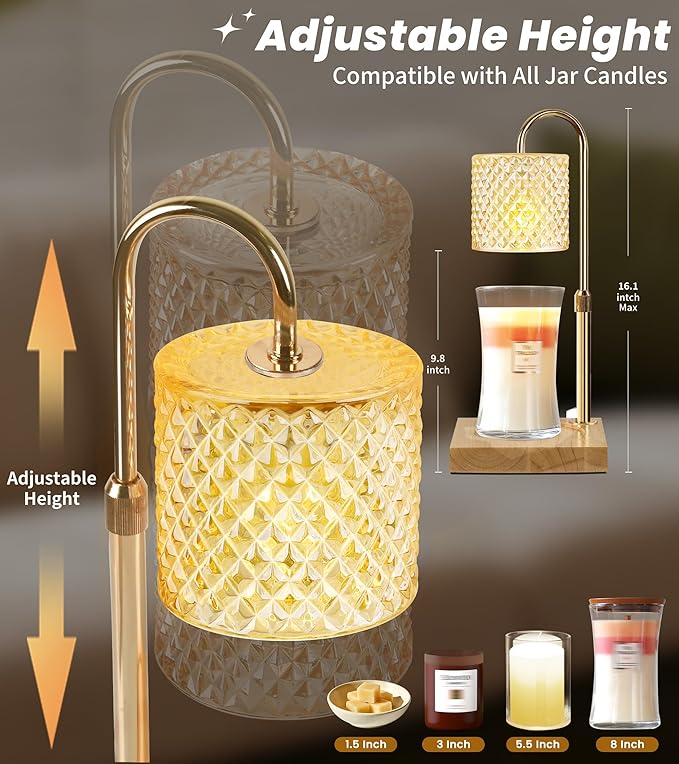 TigQiang Candle Warmer Lamp, Candle Lamp Wax Warmer, Timer & Dimmer 7-Levels, Fits Cup Jar Candle, Top Melting, Crystal Heater Lamp for Scented Wax, Elegant Home Decor, Brass Glass