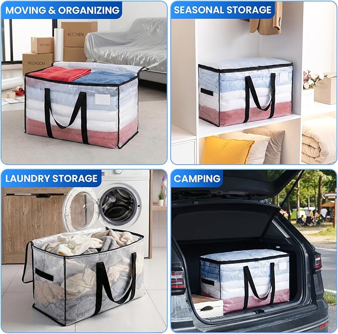 TAILI Extra Large Moving Bags, 8 Pack Clear Heavy Duty Totes For Storage with Visible Window, Wrap Around Handles, Storage Bags for Space Saving, Alternative to Moving Boxes
