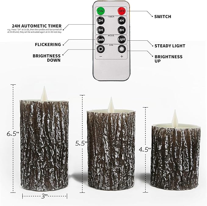 NICEME LED Pine Bark Flameless Candles Set of 3 Real Wax Battery Operated Candles Flickering Teardrop Wick Electric Decorative Pillar Bark Candles with Remote Timer, D3 x H4 5" 6"
