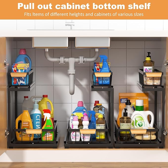Under Sink Organizer 2 Tier, Pull Out Drawer Slides Under Sink Storage for Bathroom Kitchen,Multi-Purpose Drawer Under Cabinet Organizer for Cleaning Supplies (Black, Large-1 Pack)