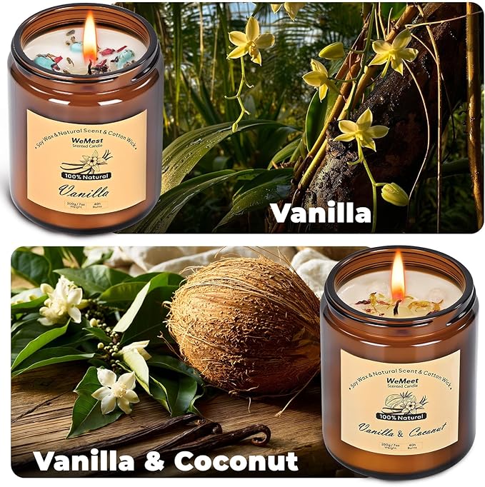 Candles for Home Scented 2 Pack, Vanilla Scented Candle with Dried Flowers, Coconut Vanilla Soy Candles with Crystals, Candle Set for Creating a Relaxing Ambiance