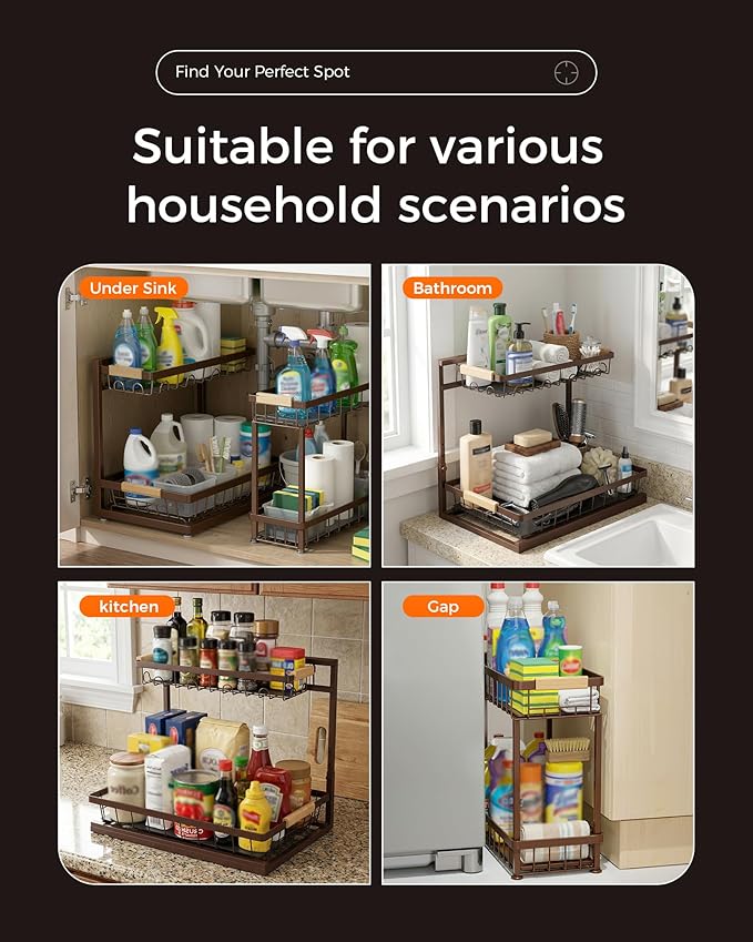3 Pack Under Sink Organizer, Multi-Purpose 2 Tier Pull-Out Metal Under Kitchen Sink Organizer, Height Adjustable Storage Shelves for Kitchen Bathroom Cabinet (Brown)