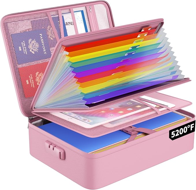 ENGPOW Fireproof File Organizer Bag with 13 Colorful Pockets Accordion File Folder,5200℉ Document Organizer Box with Lock&Labels,Multi-Layer Portable Home Safe Storage for Important Documents,Pink