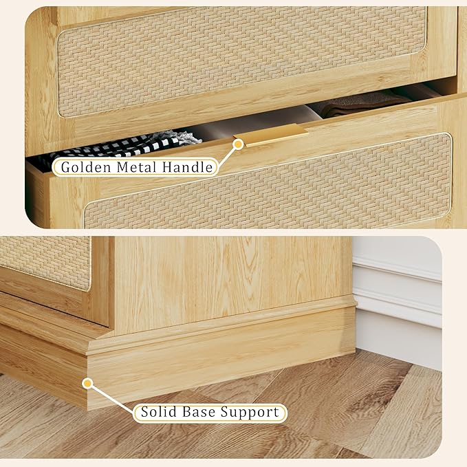 HUAHUU 6 Drawer Dresser for Bedroom, 50 Inch Tall Dressers & Rattan Chest of Drawers, Boho Style, Wood Modern Dressers Organizer for Bedroom, Living Room, Hallway, Entryway, Oak