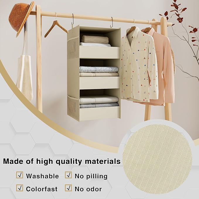 3-Shelf Hanging Closet Organizer and Storage, Foldable Hanging Closet Shelves Front Lip Design Washable Hanging Storage, Beige