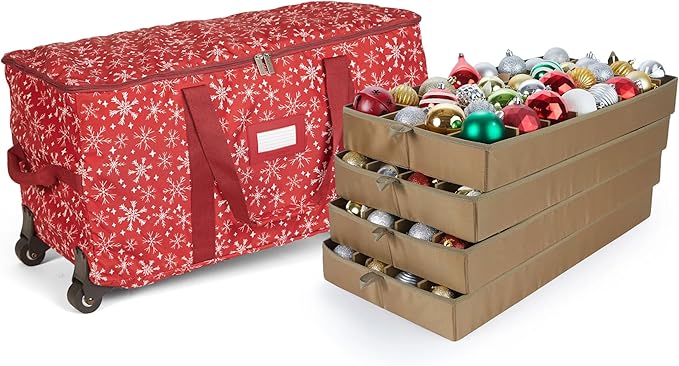 Covermates Keepsakes Rolling Adjustable Ornament Storage Bag – Heavy-Duty Polyester, FlexGrid Trays & Padded Dividers – Protective Holiday Organizer with Wheels, Handles & ID Window, Red Snowflake