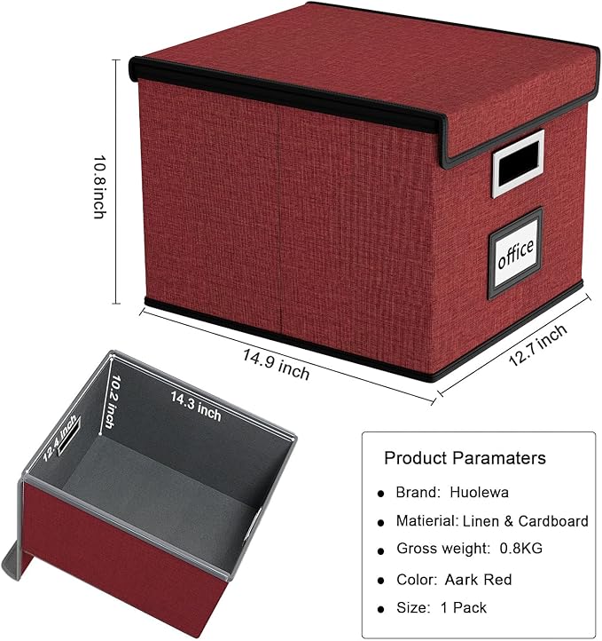Huolewa File Organizer Box with Lid, Collapsible File Folder Organizer for Office Document Storage, Filing Box with Plastic Slide for Letter Size Hanging File Folders(1 Pack, Dark Red)