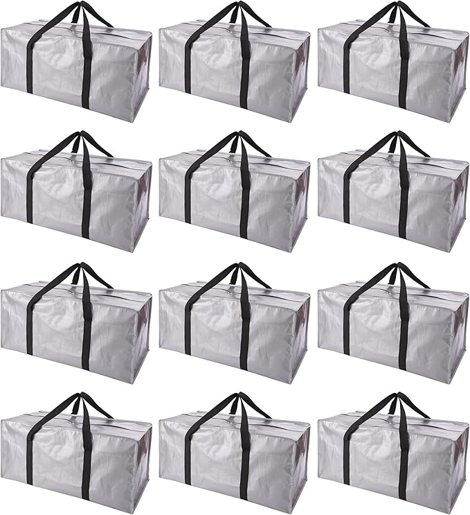 PANDA JOYS Extra Large Moving Bags with Zippers & Carrying Handles, Heavy-Duty Storage Tote for Space Saving Moving Storage, Fold Flat, Alternative to Box and Bin - 12 Pack, Silver