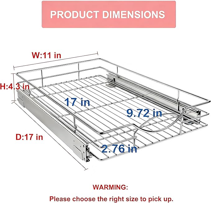 Sikarou Pull Out Cabinet Organizer, Heavy Duty Kitchen Cabinet Pull Out Shelves, Slide Out Wire Basket for Kitchen Cabinets, Bathroom, Pantry, Chrome Finish (11 * 17 in)