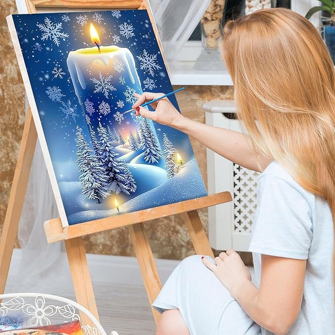 Bowetile Snow Paint by Numbers for Adults Beginners Framed, Adults' Paint-by-Number Candles Kits, Adult Paint by Number Kits on Canvas, Acrylic Christmas Number Painting for Home Decor, 8x12in