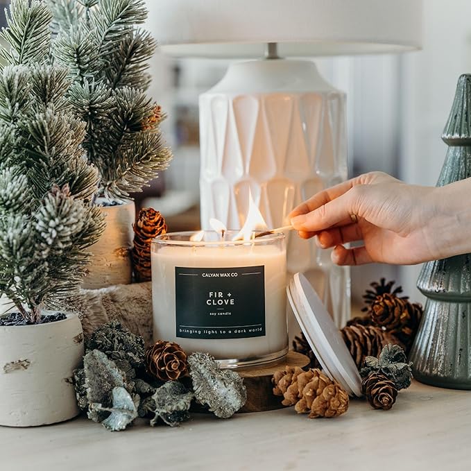Calyan Wax Co. Fir & Clove 3 Wick Scented Candle - 43 Hour Burn - Luxury 3 Wick Soy Candles - Non Toxic Soy Wax Candles - Long Lasting Large Glass Jar Candle for Home - 14.9oz