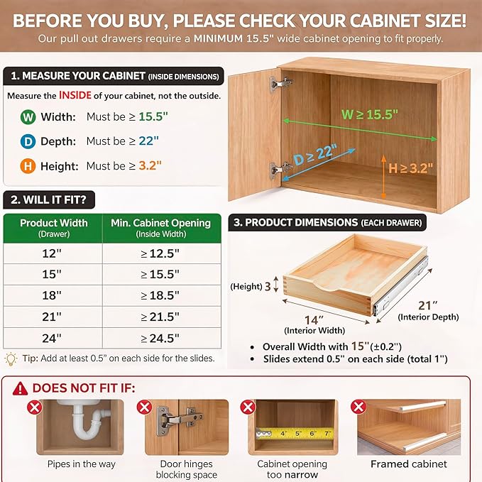 Sintuff 3 Pack Wooden Pull out Tray Cabinet Organizer Gentle Close Roll out Shelves for Kitchen Cabinets Fully Assembled Slide Pantry Shelves (15'' X 21'')