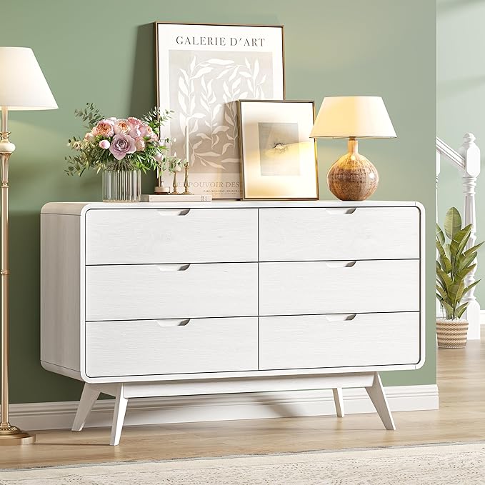 White Modern 6-Drawer Dresser & TV Stand, 47" Wide Storage Cabinet with Unique Wooden Handles, Mid-Century Style Chest of Drawers for Bedroom, Living Room, Hallway