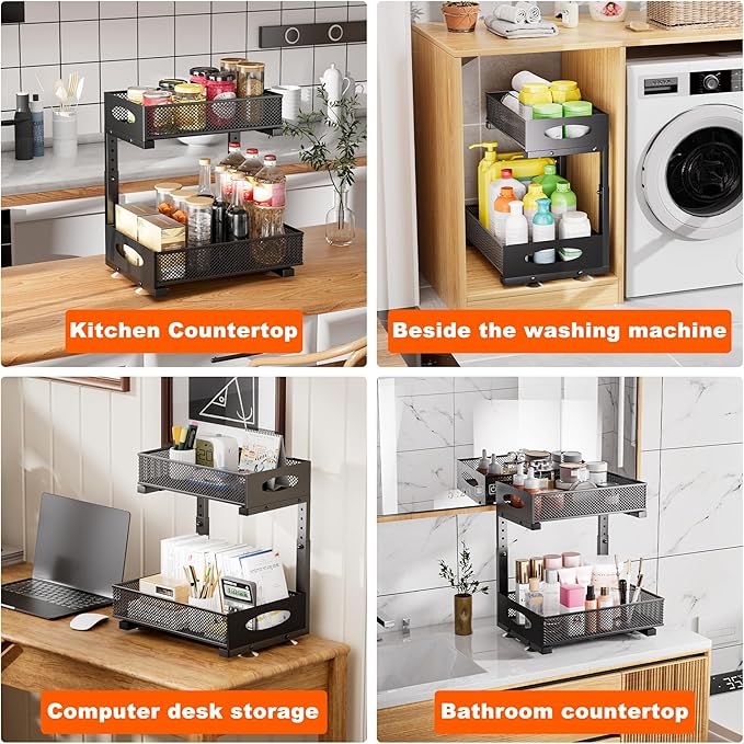 Under Sink Organizer, 2 Packs 2 Tier Under Sink Organizers and Storage, Slide Out Pull Out Cabinet Organizer Shelf, Metal Sliding Drawer for Kitchen Bathroom Pantry Cabinet Closet Organization Rack