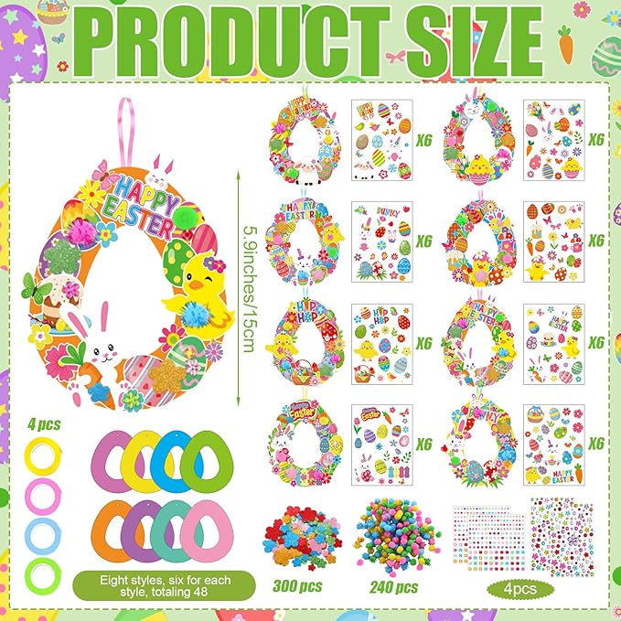 Hollowfly 48 Sets Easter Wreath Craft Kits DIY Easter Egg Wreath Hanging Ornaments Make Your Own Paper Craft with Stickers for Holiday Party Favors Home Activities Front Door Decor