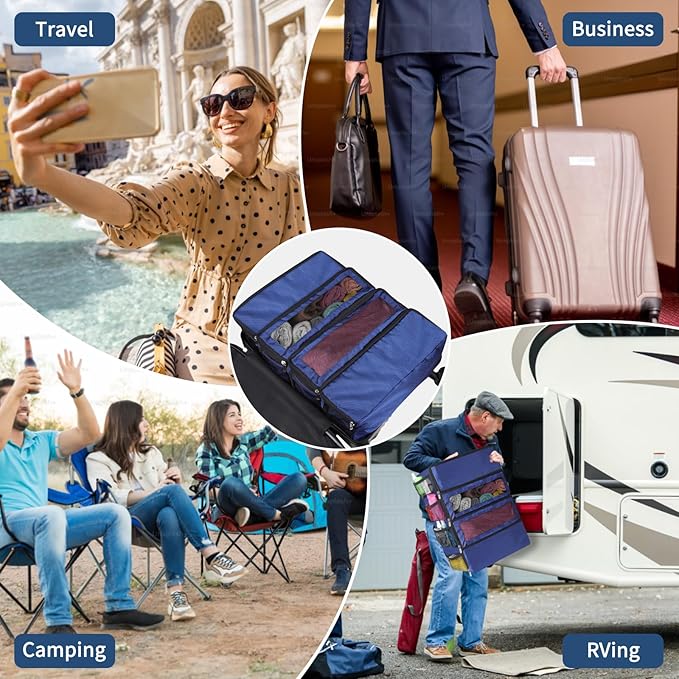 esouler Suitcase Organizer, Travel Luggage Organizer hanging packing cubes for travel，portable hanging travel shelves Collapsible closet organizer for Carry-on (Navy blue, Medium)