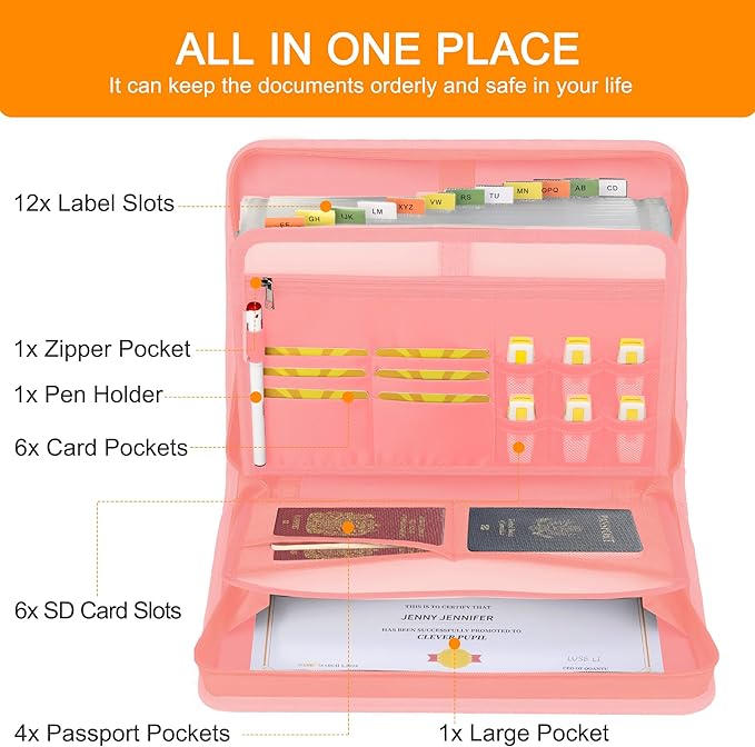 Accordion File Organizer,13 Pockets Fireproof Expanding File Folder with Multi Pockets,Portable Business Fire Safe Storage Document Organizer Folder with Zipper for Documents and File,Pink