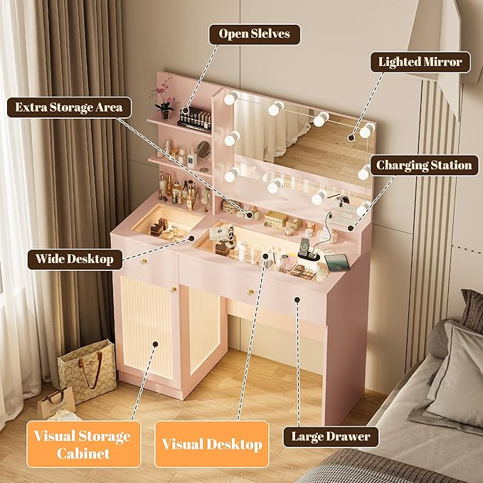 INNOD Pink Vanity Desk with Large Mirror and Lights, Modern Glass Top Makeup Vanity Set with Power Outlet,