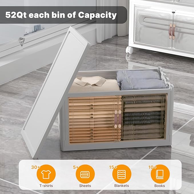 Stackable Storage Bins with Lids, 208QT Closet Organizers and Storage with Doors and Wheels, Extra Large Storage Cabinet, Collapsible Plastic Drawers for Bedroom Dorm Office Garage