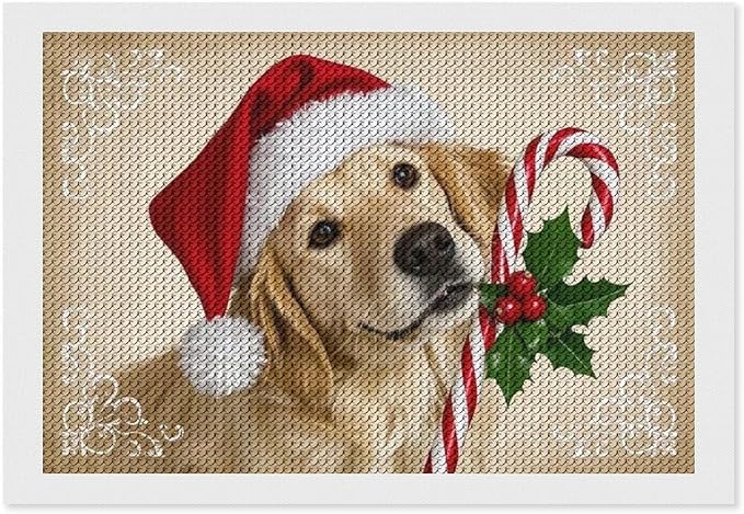 Diamond Painting Kits for Adults - Christmas Golden Retriever Puppy in Santa Hat with Candy Cane Painting DIY 5D Full Drill Diamond Dots Paintings with Diamonds Gem Art And Crafts Home Decor 8"x12"