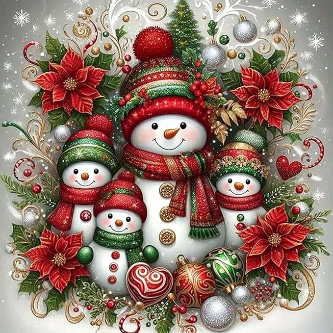 Christmas Diamond Art Kits for Adults, Snowman Family Diamond Painting Kits for Beginners, 5D Full Drill Gem Art Paint with Diamonds Dots Crafts Kits for Home Decor Gift 14x14inch
