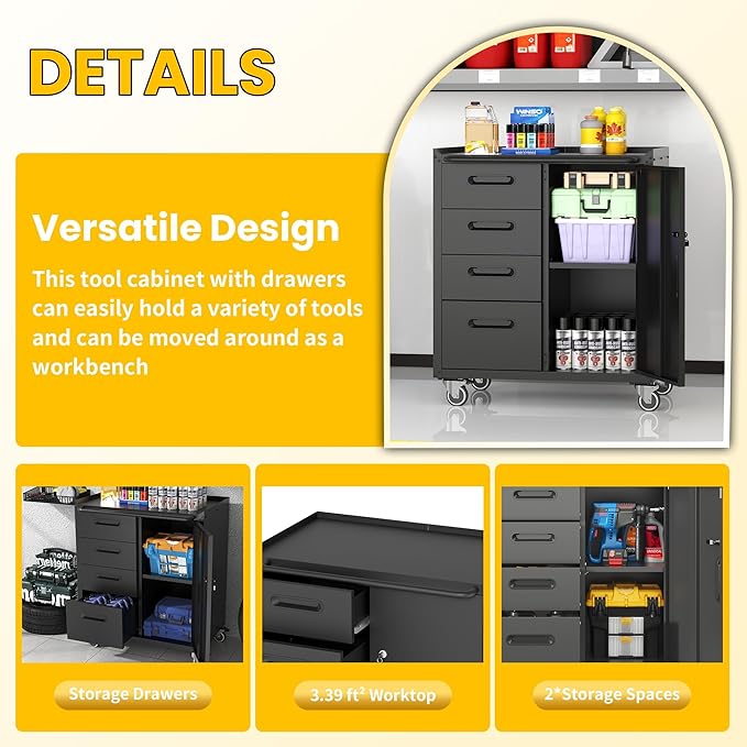 Garage Storage Cabinets with Wheels, Locking Metal Storage Cabinets with 4 Drawers and 1 Door, Easy Assembly Rolling Tool Cabinet for Garage, Basement,Warehouse