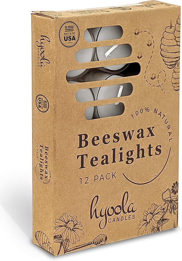 Hyoola Pure White Beeswax Tea Lights, Handmade Decorative Unscented, Tealight Candles, 4 Hour Burn Time, Clear Cup (Pack of 12)
