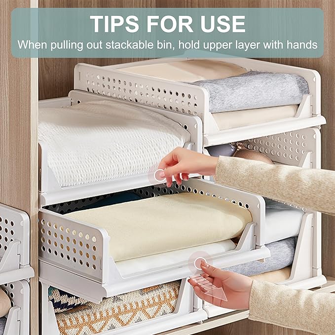 Goderewild Stackable Foldable Storage Baskets, Folding Storage Bins, Closet Organizers and Plastic Drawer Shelf Storage Container for Wardrobe, Cupboard, Kitchen, Bathroom, Office (White, 2L2S)