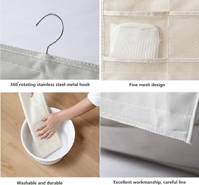Closet Hanging Organizer with Mesh Pockets & Rotating Metal Hanger,Dual Sided Wall Shelf Wardrobe Storage Bags,Oxford Cloth Space Saver Bag for Bra Underwear Underpants Socks (white)