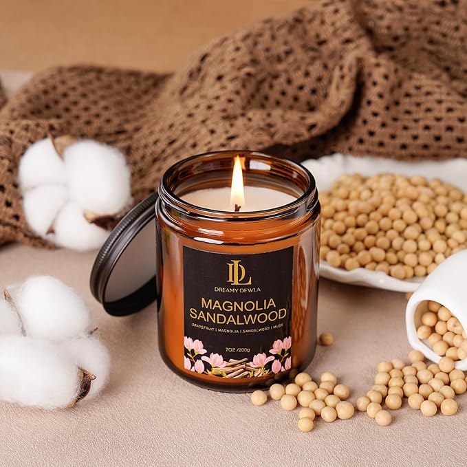 Magnolia & Sandalwood Scented Candles, Soy Candle for Home Scented, Amber Jar Candles Gifts for Men Women, 7oz