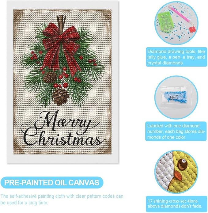 AIVKIEJK Diamond Painting Kits for Adults - Merry Christmas Holly, Pine Cones & Red Plaid Bow Painting DIY 5D Full Drill Diamond Dots Paintings with Diamonds Gem Art and Crafts Home Decor 8"x12"