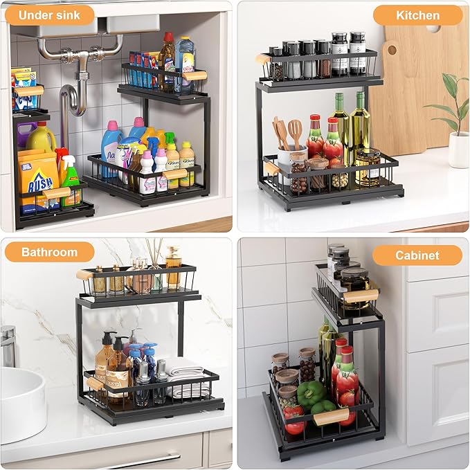 Under Sink Organizer 2 Tier, Pull Out Drawer Slides Under Sink Storage for Bathroom Kitchen,Multi-Purpose Drawer Under Cabinet Organizer for Cleaning Supplies (Black, Large-1 Pack)