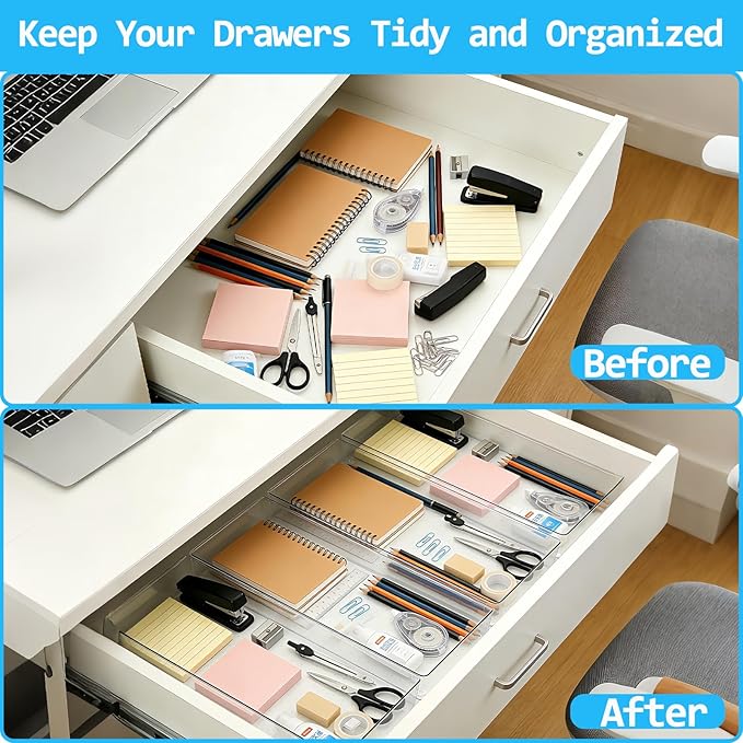 14 Pcs Clear Plastic Drawer Organizer Tray with 2 Pcs 15"x6" Extra Large Trays, Multi-Purpose Storage Bins for Vanity, Makeup, Kitchen Utensils, Bathroom, Office Desk, Auto Tools & Craft Supplies