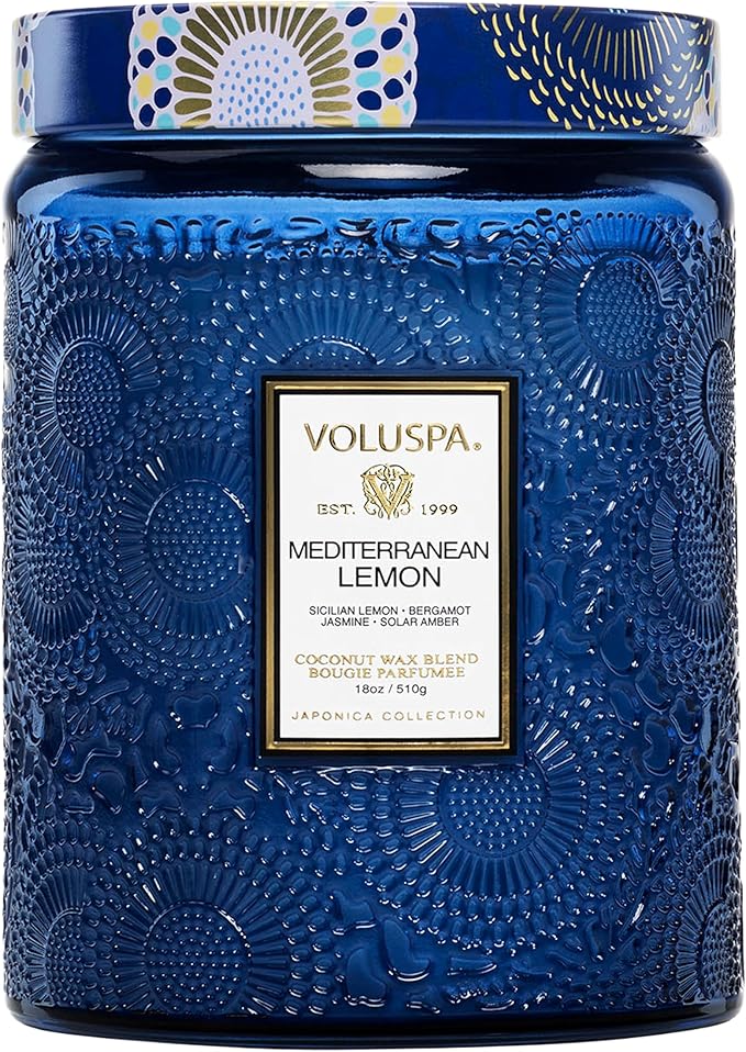 Voluspa Mediterranean Lemon Candle Jar, 18 oz, Coconut Wax Blend, Large Scented Candles for Home, 100 Hour Burn Time, Poured in The USA