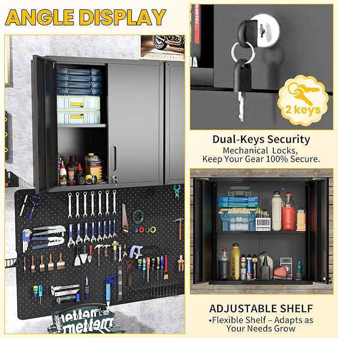 Garage Storage Cabinets Wall Mount, Locking Metal Wall Cabinets with Doors and Adjustable Shelves, Floating Hanging Storage Cabinet for Garage, Basement